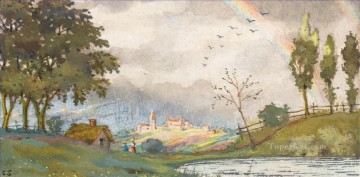 Landscapes Painting - LANDSCAPE WITH RAINBOW Konstantin Somov woods trees